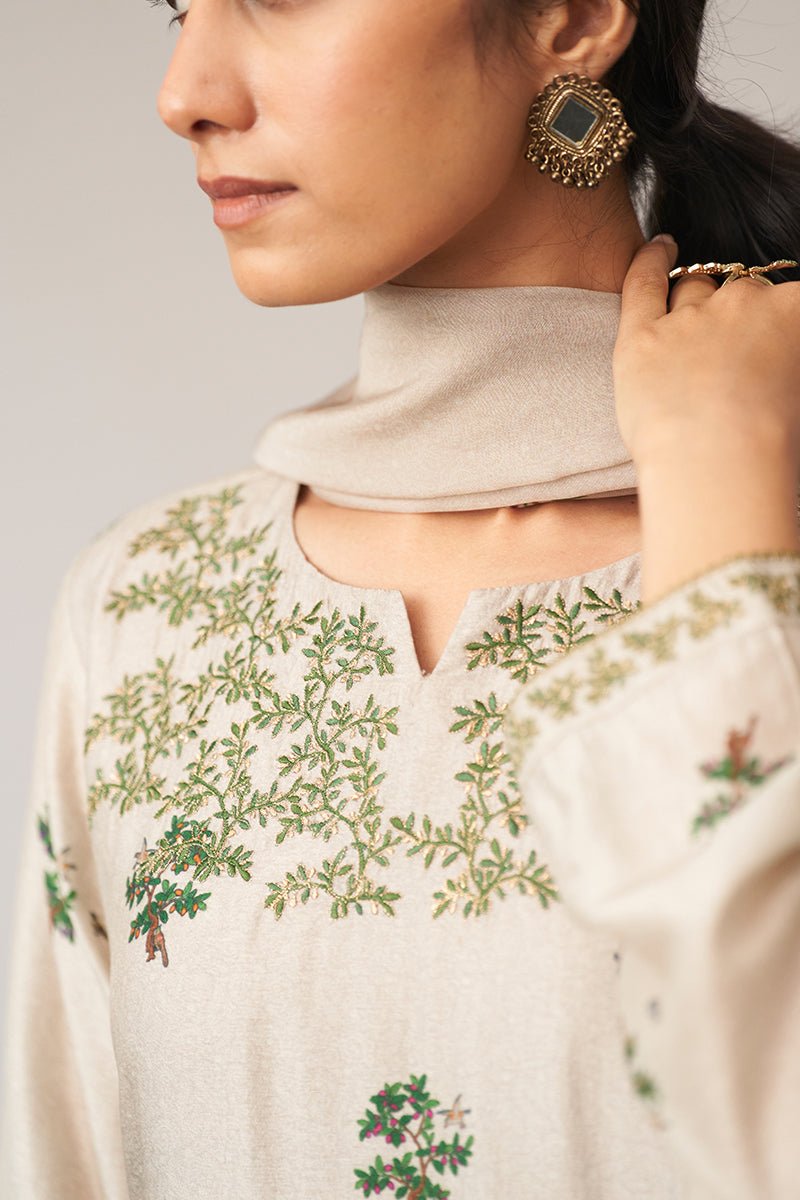 Light Grey and Green Raw Silk Kurta Set