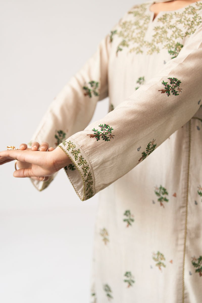 Light Grey and Green Raw Silk Kurta Set