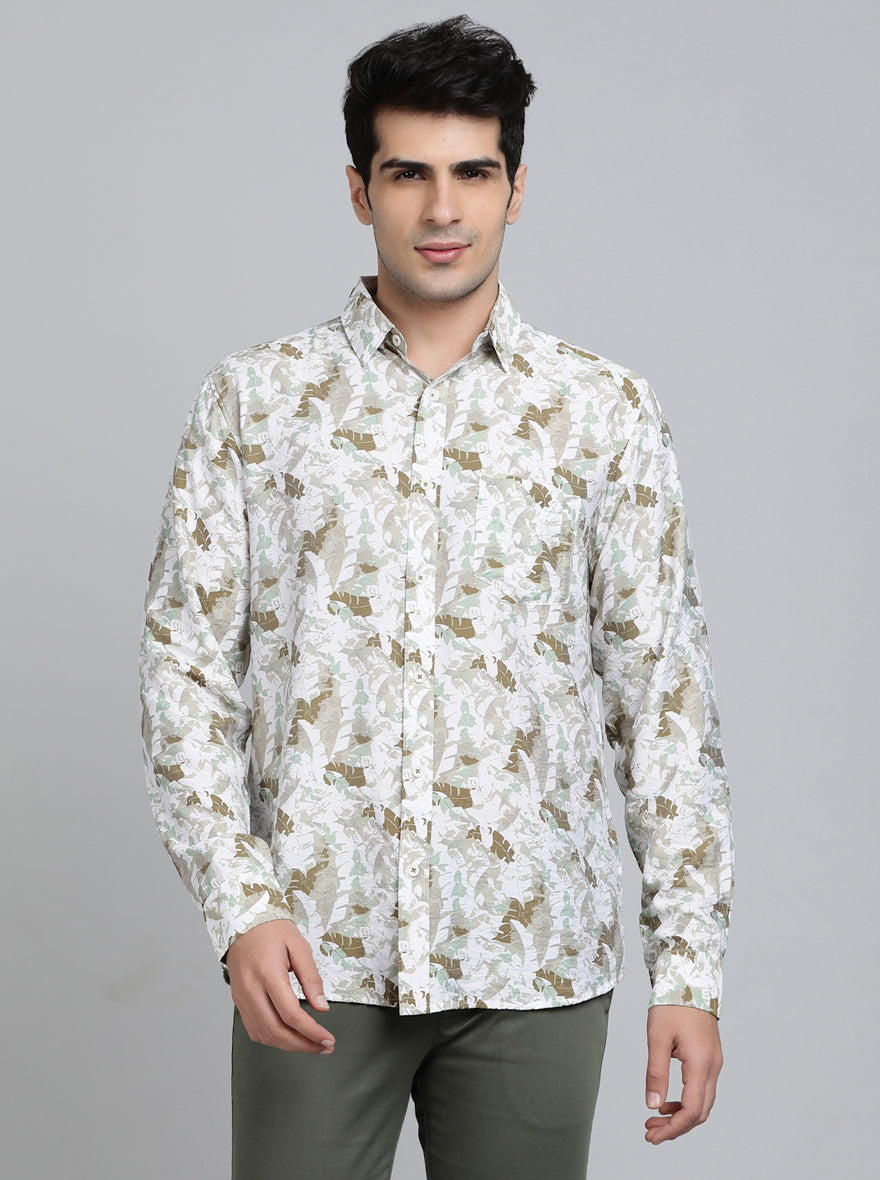 Sage Green Printed Slim Fit Casual Shirt | pehervi