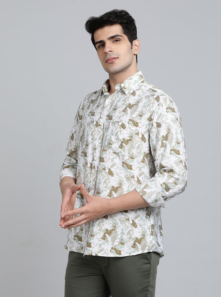 Sage Green Printed Slim Fit Casual Shirt | pehervi