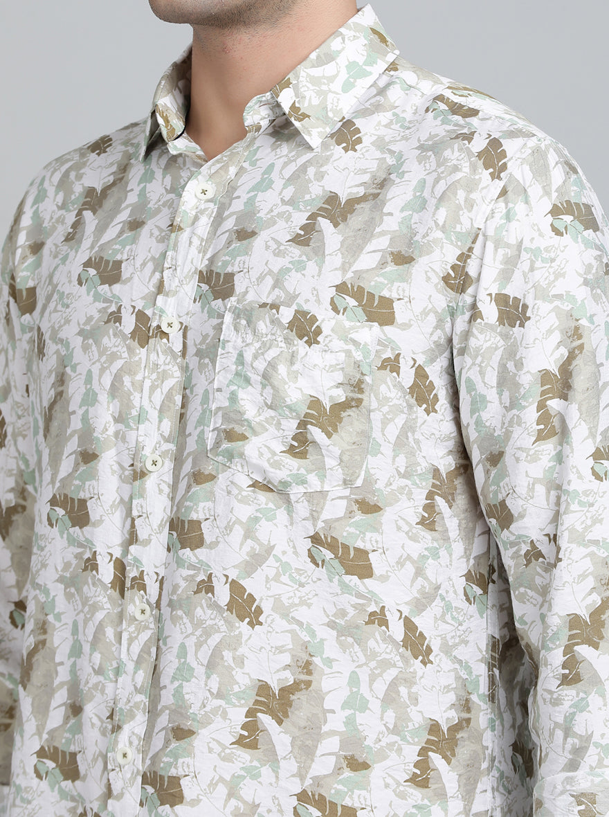 Sage Green Printed Slim Fit Casual Shirt | pehervi