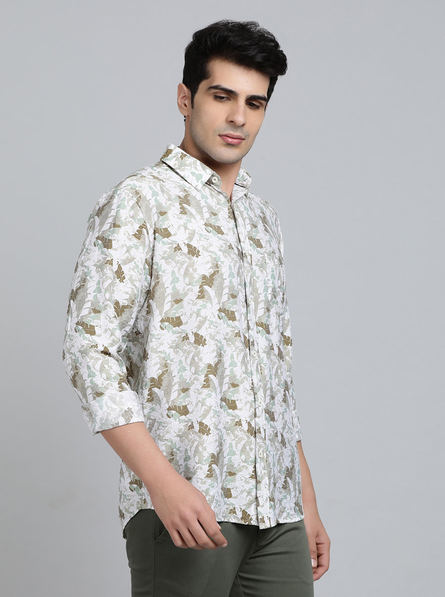 Sage Green Printed Slim Fit Casual Shirt | pehervi