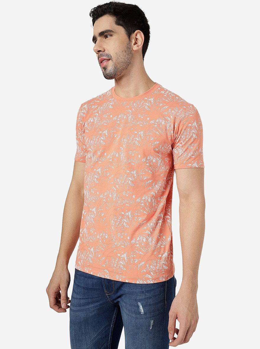 Orange Printed Slim Fit T-Shirt | pehervi