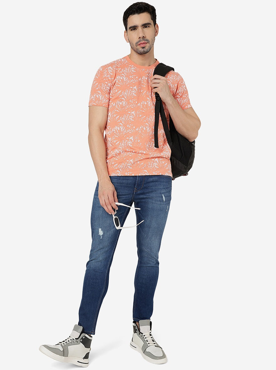 Orange Printed Slim Fit T-Shirt | pehervi