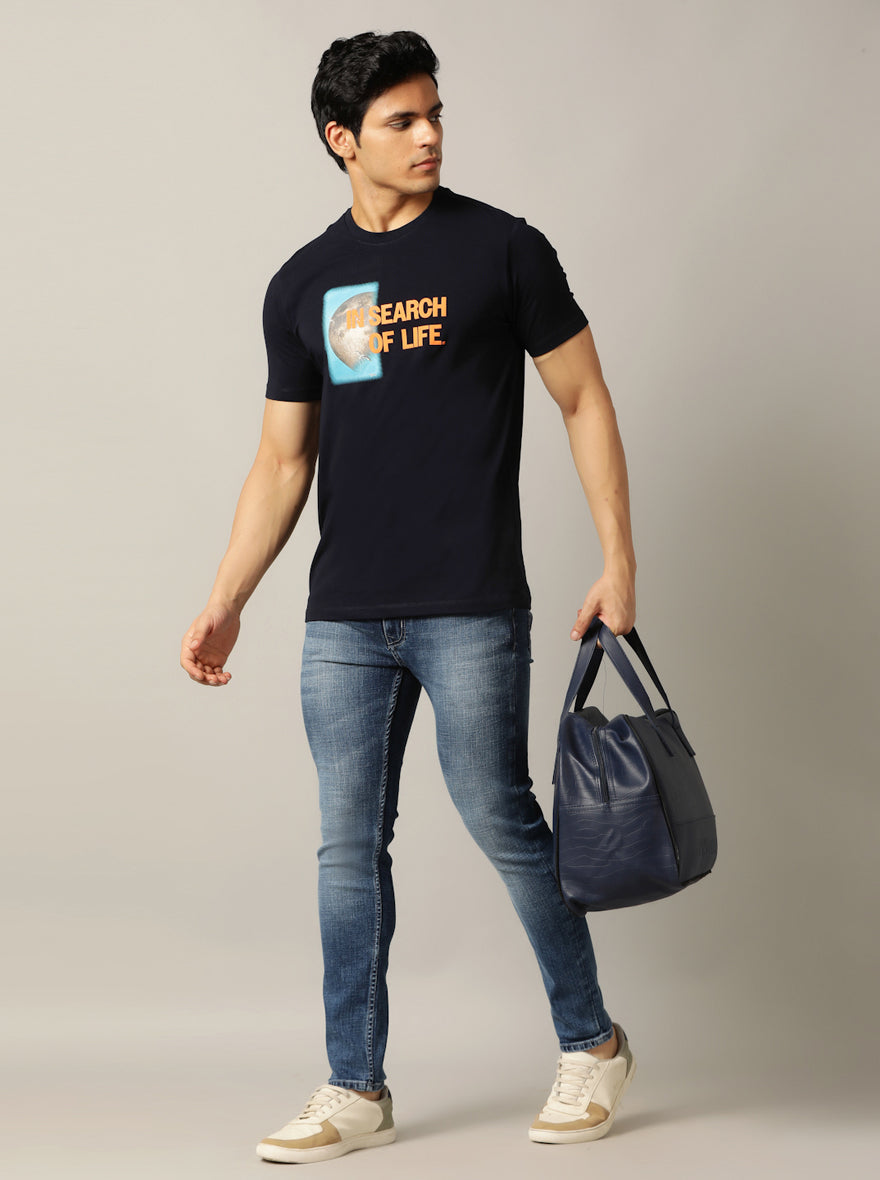 Navy Blue Printed Slim Fit T-Shirt | pehervi