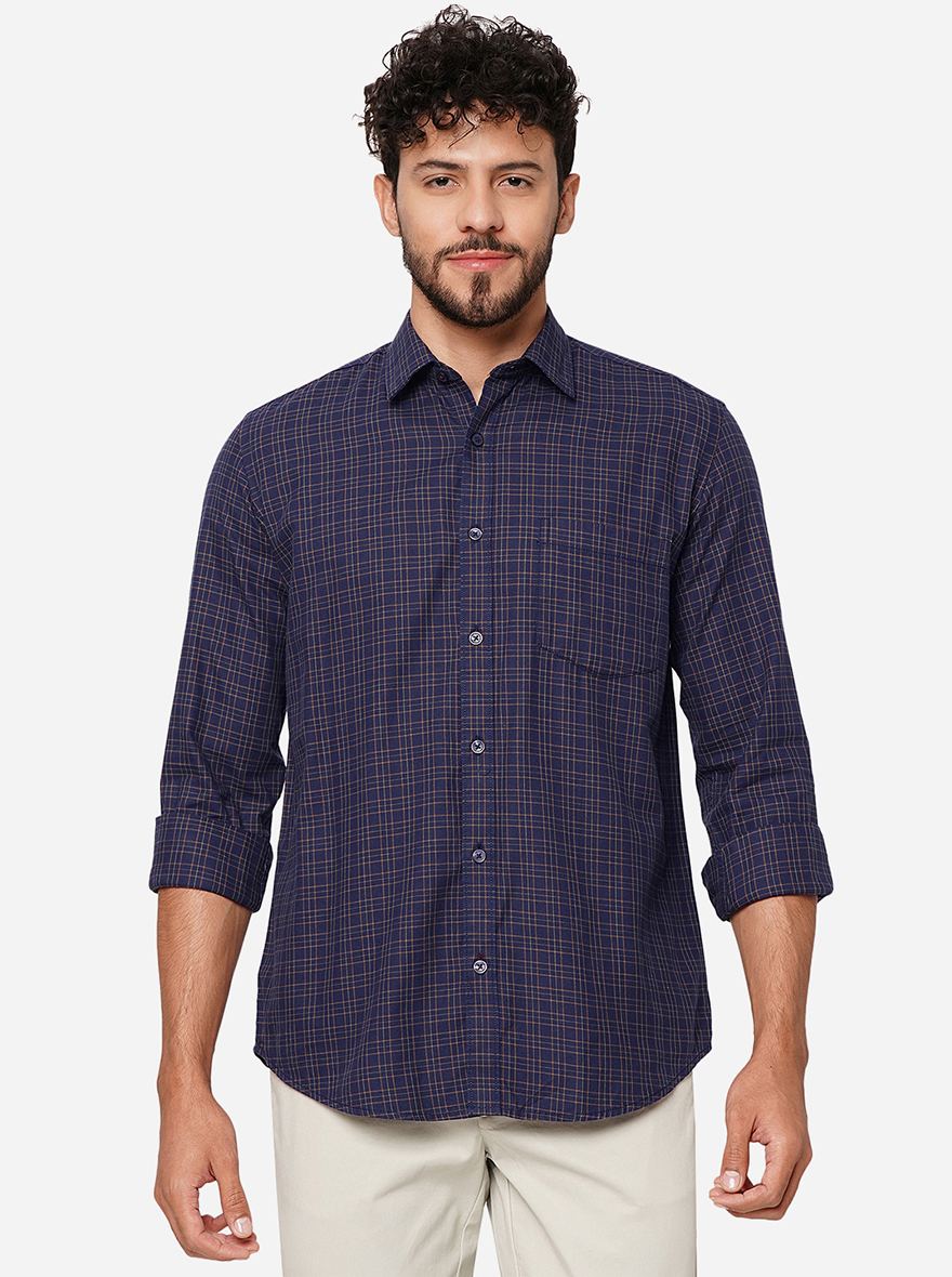 Navy Blue Checked Smart Fit Semi Casual Shirt | Pehervi