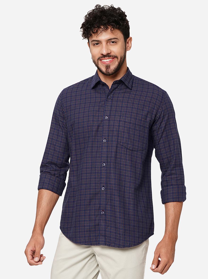 Navy Blue Checked Smart Fit Semi Casual Shirt | Pehervi