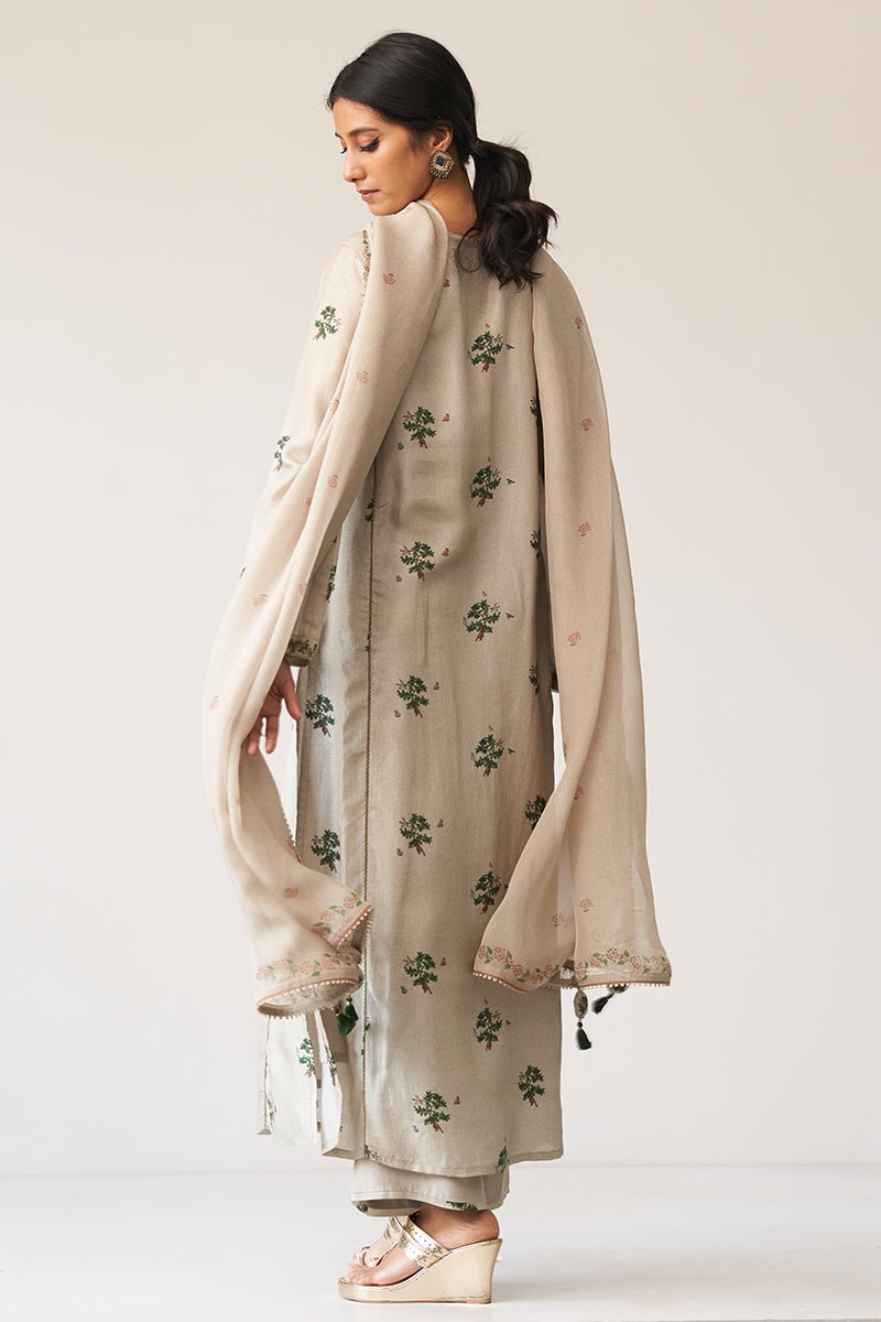 Light Grey and Green Raw Silk Kurta Set