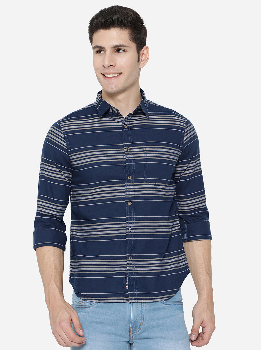 Navy Blue Strped Slim Fit Semi Casual Shirt | Pehervi