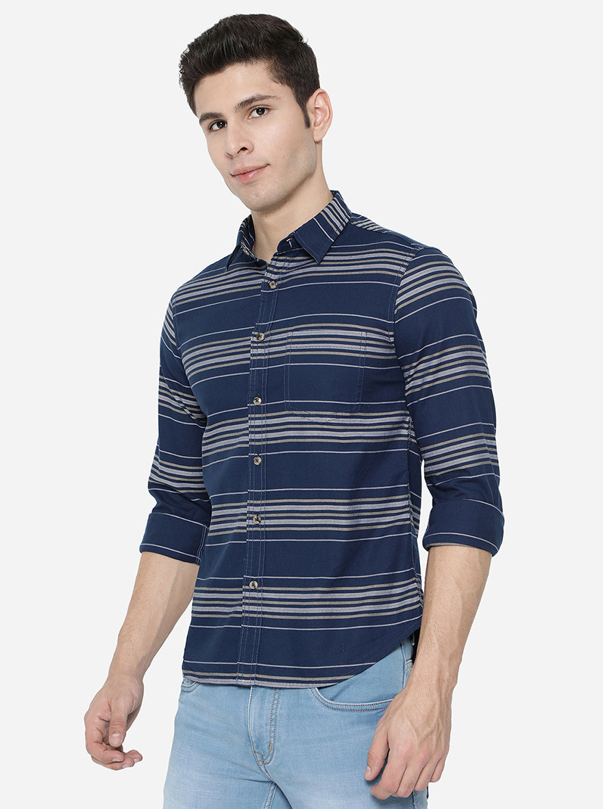 Navy Blue Strped Slim Fit Semi Casual Shirt | Pehervi