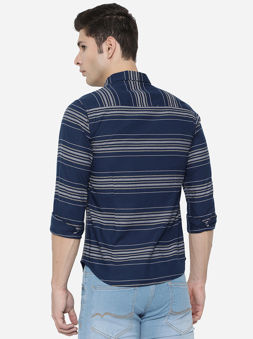 Navy Blue Strped Slim Fit Semi Casual Shirt | Pehervi