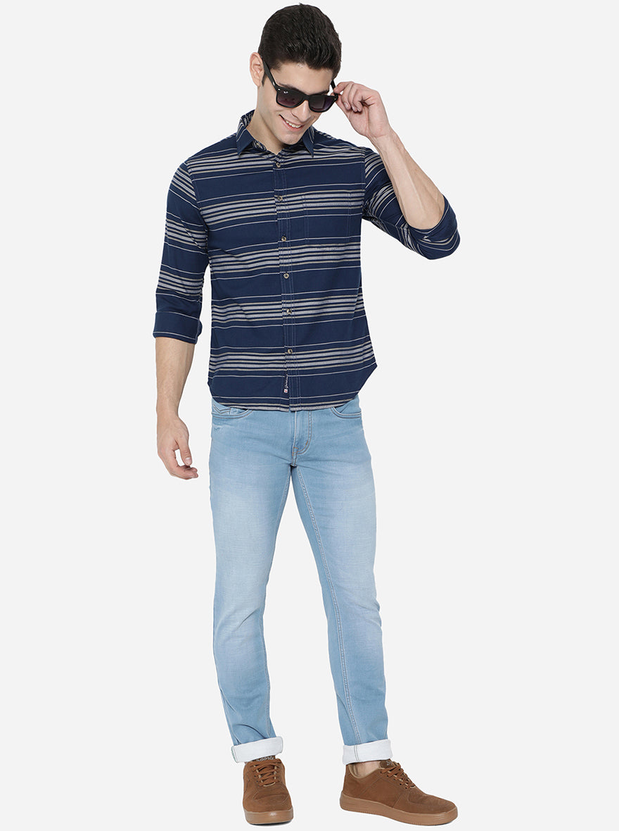 Navy Blue Strped Slim Fit Semi Casual Shirt | Pehervi