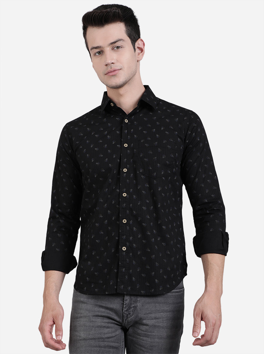 Jet Black Printed Slim Fit Semi Casual Shirt | Pehervi
