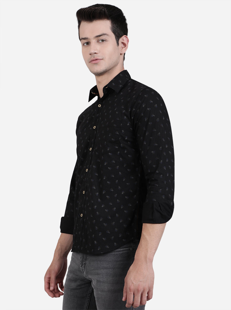 Jet Black Printed Slim Fit Semi Casual Shirt | Pehervi