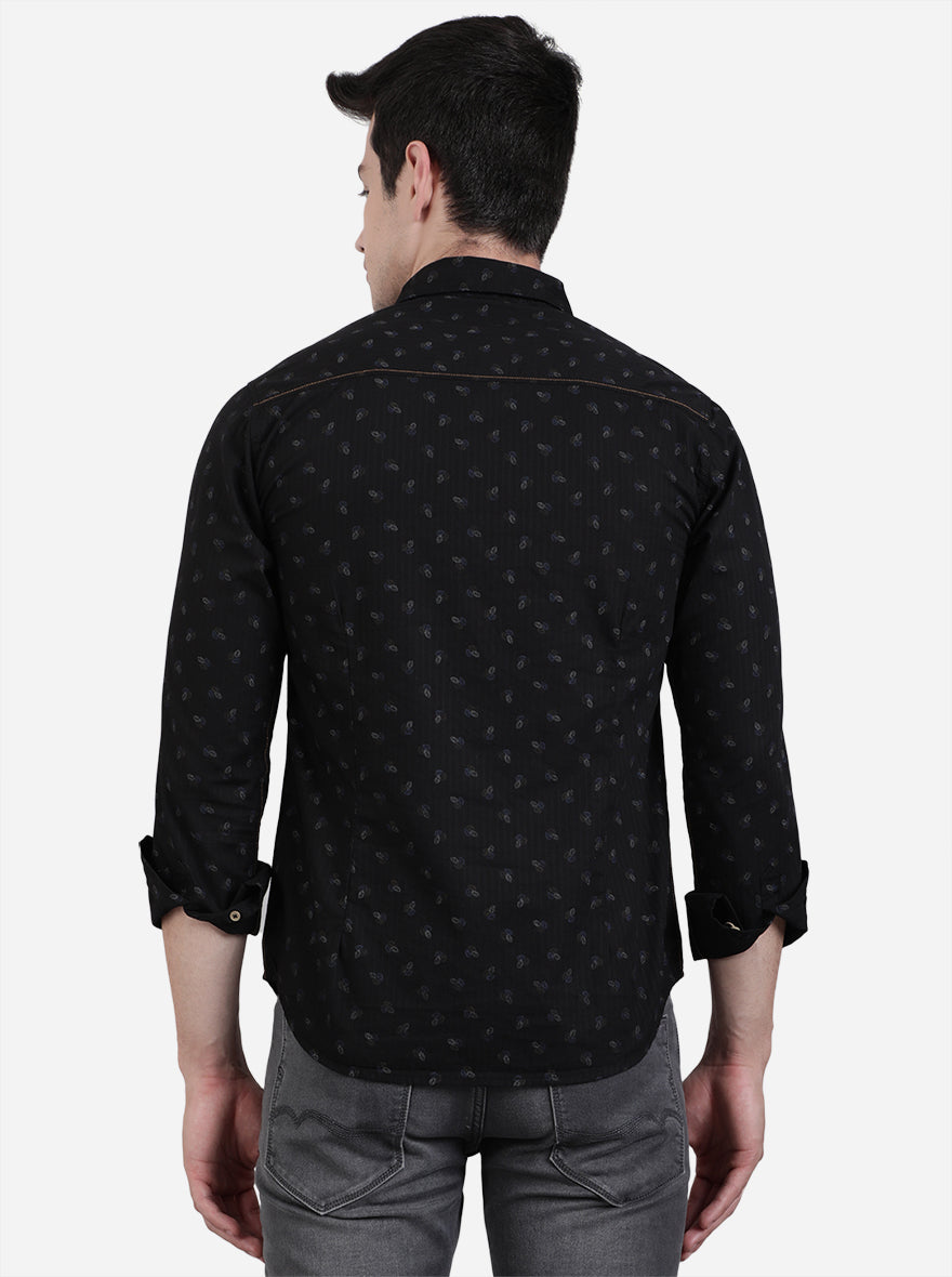 Jet Black Printed Slim Fit Semi Casual Shirt | Pehervi