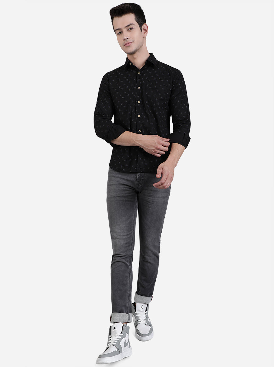 Jet Black Printed Slim Fit Semi Casual Shirt | Pehervi