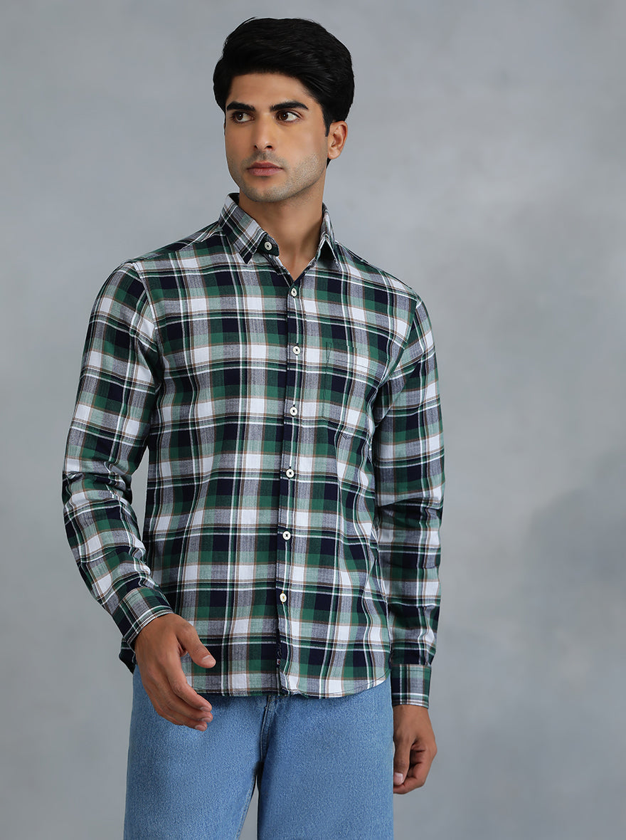 Green Checked Slim Fit Casual Shirt | pehervi