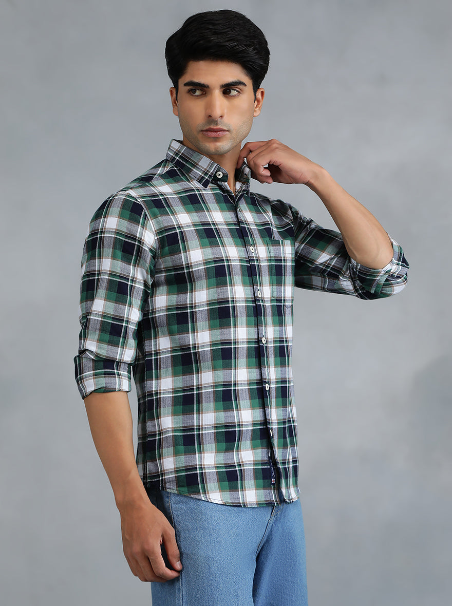 Green Checked Slim Fit Casual Shirt | pehervi
