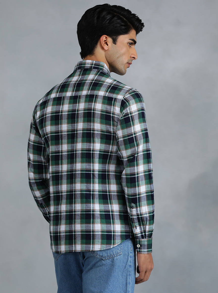 Green Checked Slim Fit Casual Shirt | pehervi