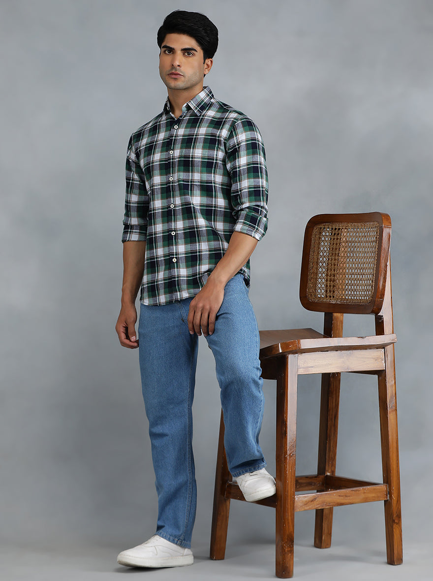 Green Checked Slim Fit Casual Shirt | pehervi
