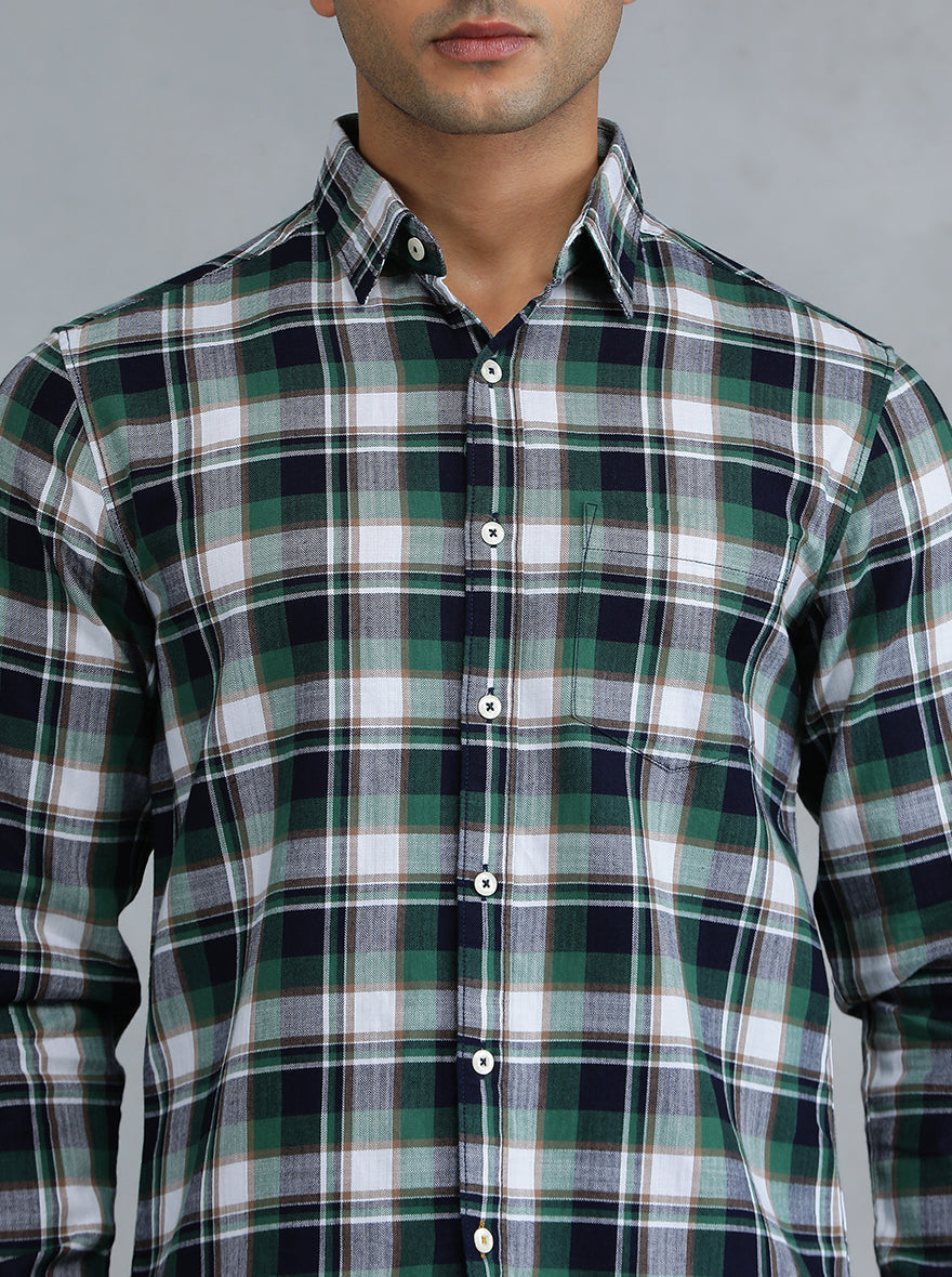 Green Checked Slim Fit Casual Shirt | pehervi
