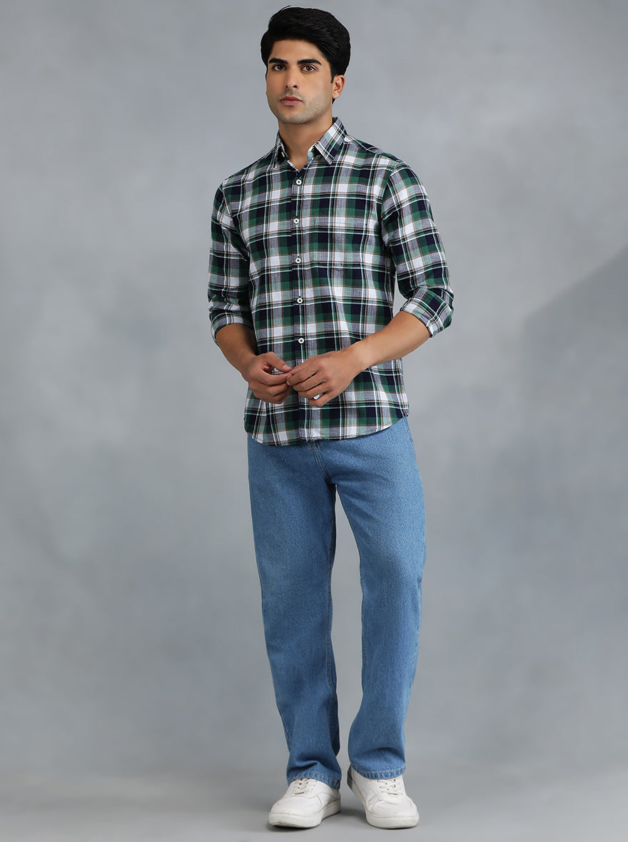 Green Checked Slim Fit Casual Shirt | pehervi