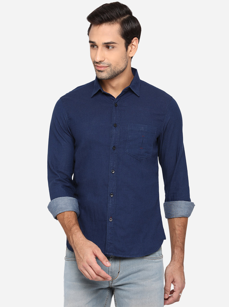 Denim Blue Solid Slim Fit Semi Casual Shirt | Pehervi