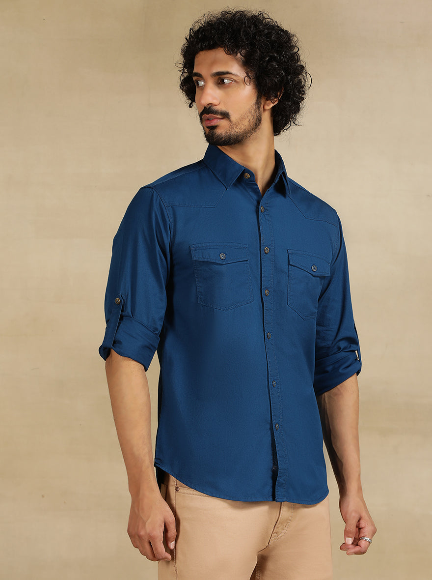 Navy Blue Solid Slim Fit Casual Shirt | pehervi