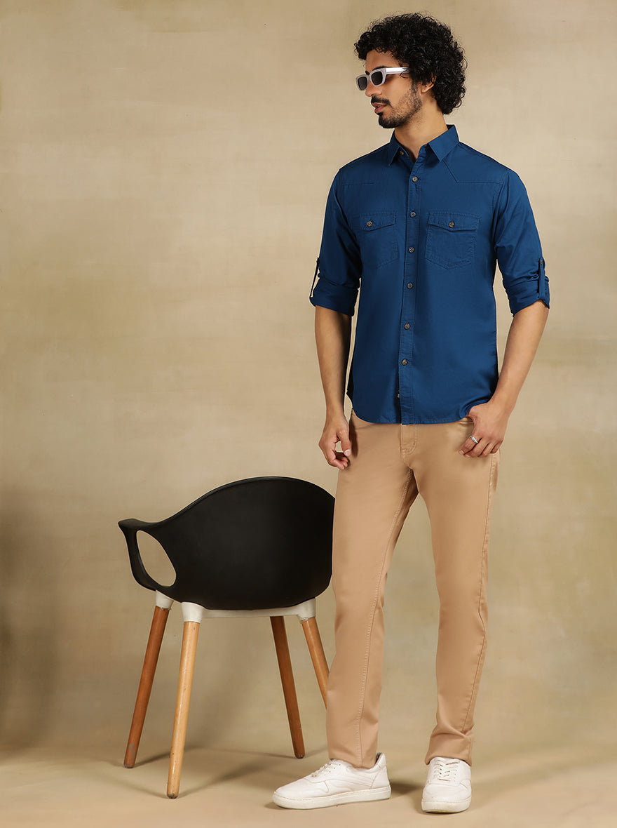 Navy Blue Solid Slim Fit Casual Shirt | pehervi