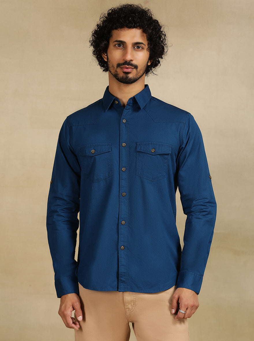 Navy Blue Solid Slim Fit Casual Shirt | pehervi