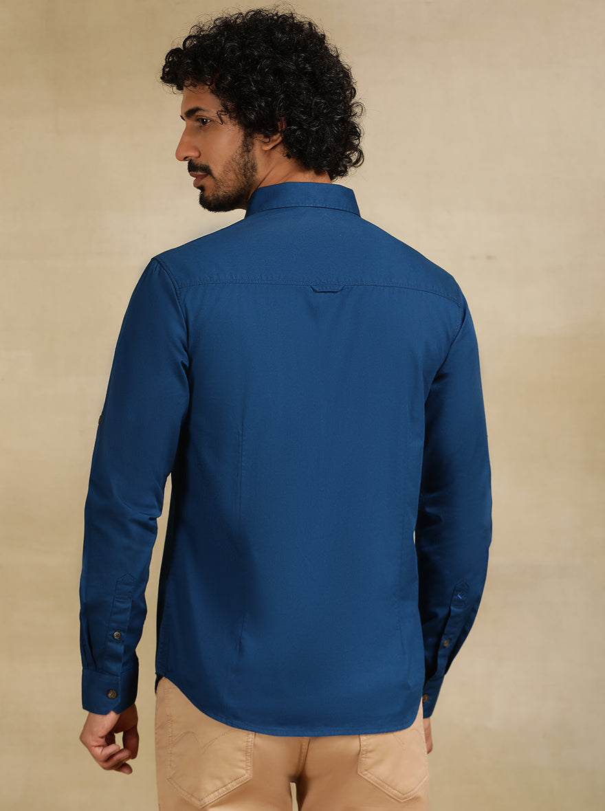 Navy Blue Solid Slim Fit Casual Shirt | pehervi