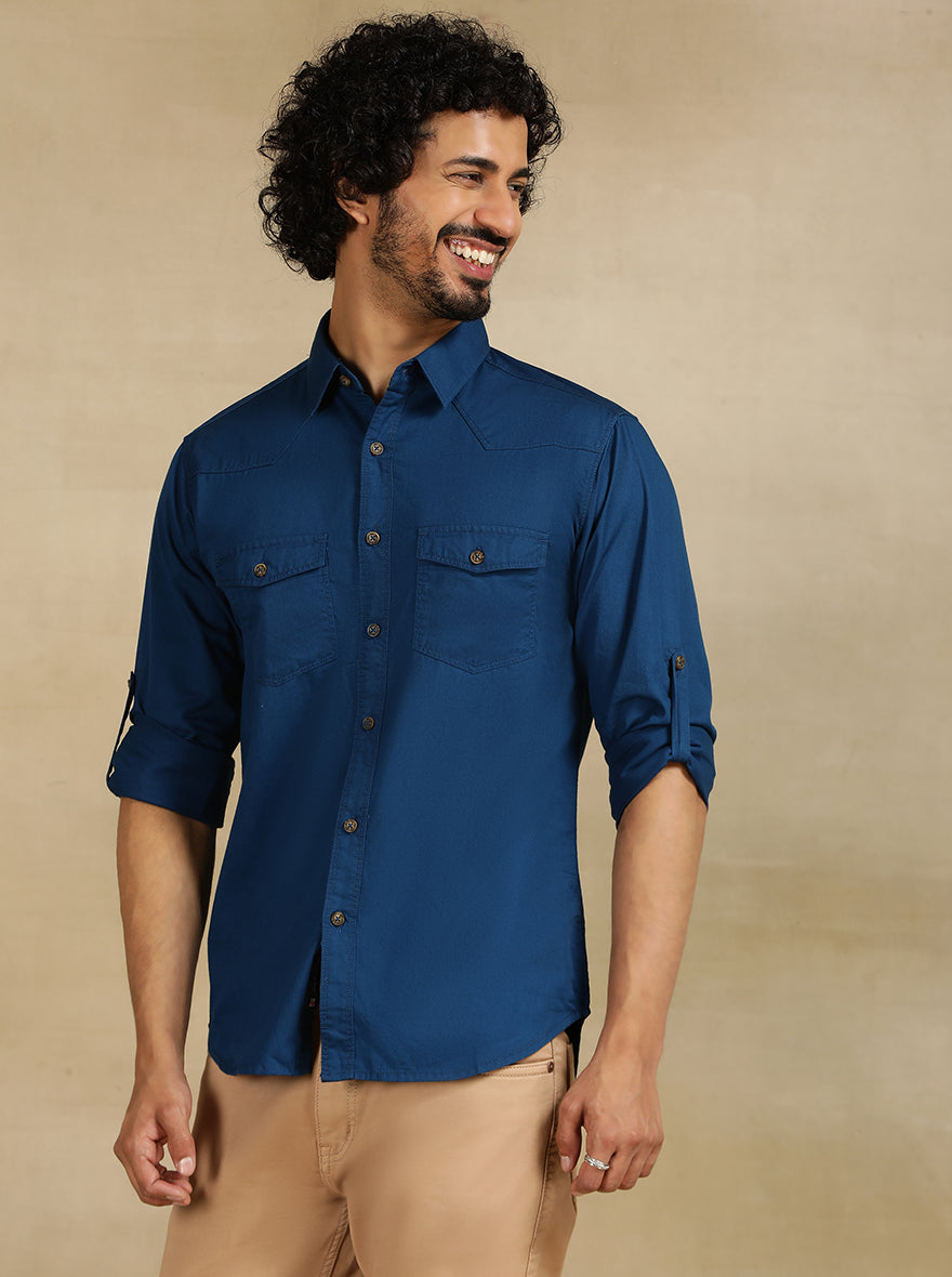Navy Blue Solid Slim Fit Casual Shirt | pehervi