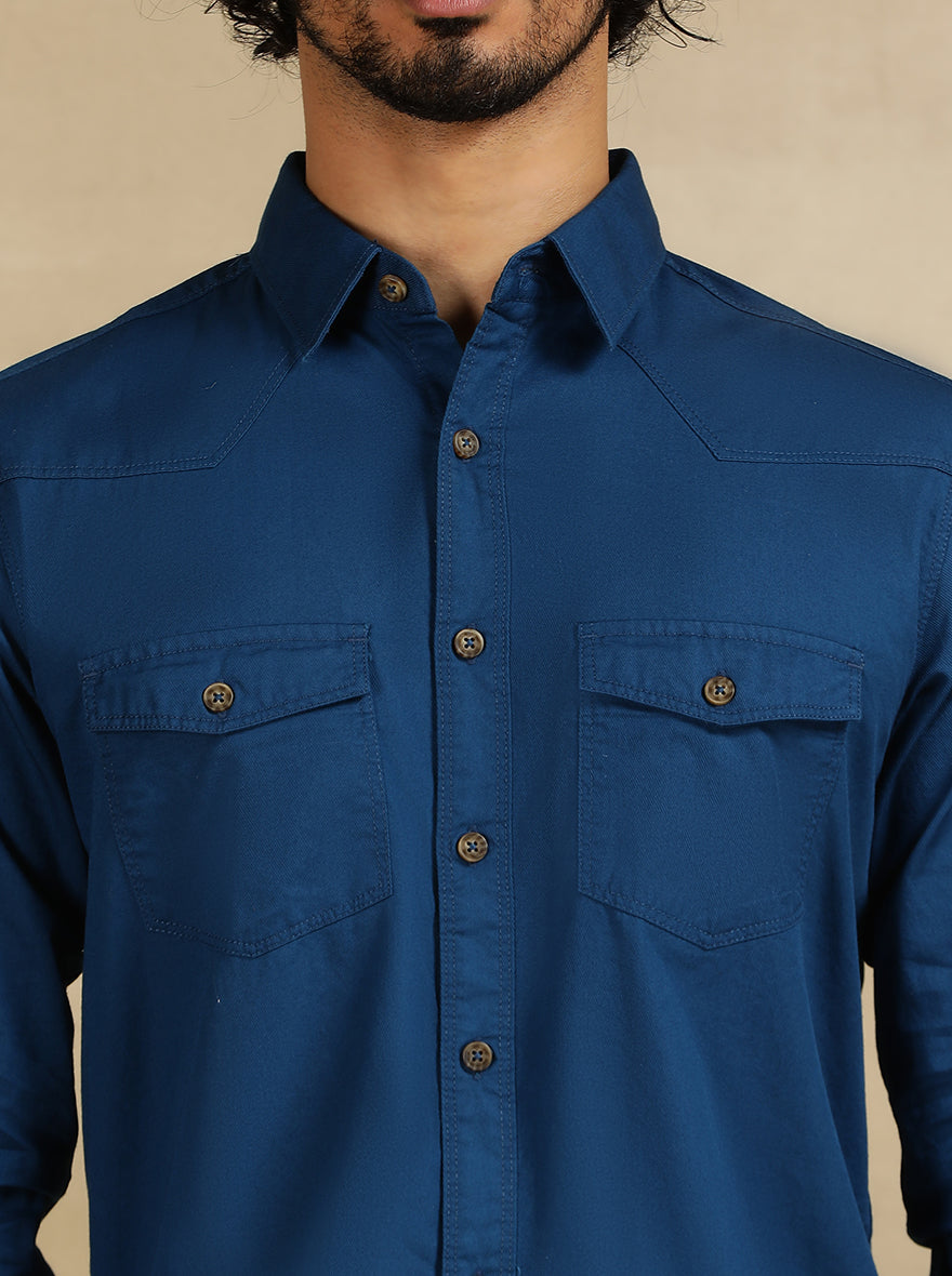 Navy Blue Solid Slim Fit Casual Shirt | pehervi