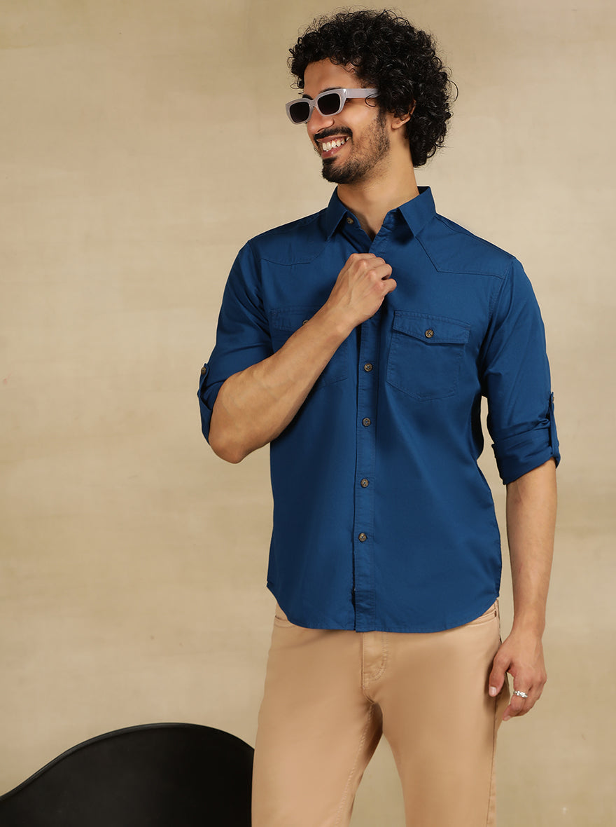 Navy Blue Solid Slim Fit Casual Shirt | pehervi