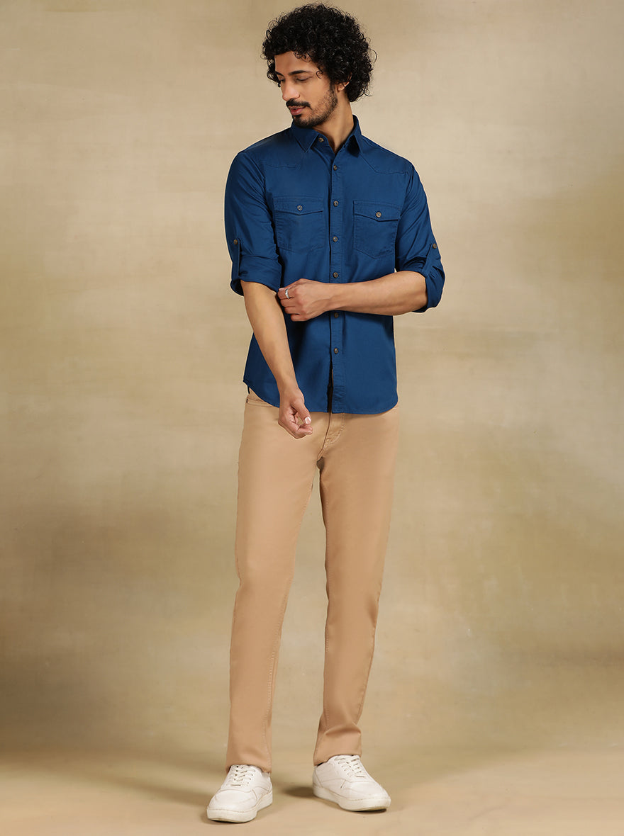 Navy Blue Solid Slim Fit Casual Shirt | pehervi