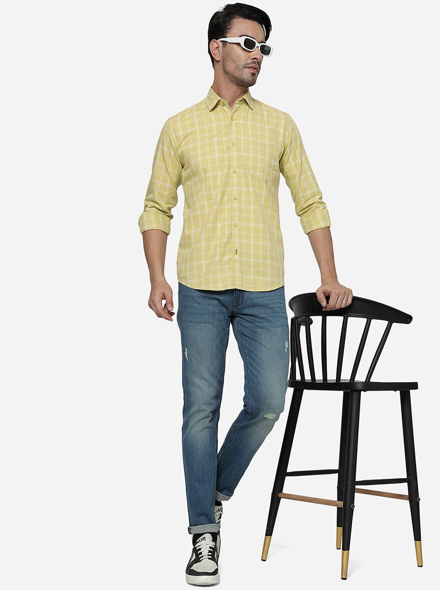 Cream Checked Smart Fit Semi Casual Shirt | Pehervi