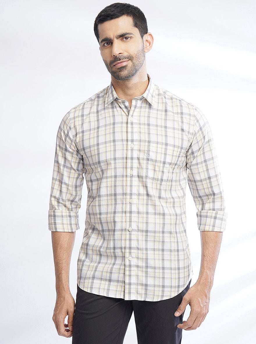 Light Yellow Checked Slim Fit Semi Casual Shirt | Pehervi