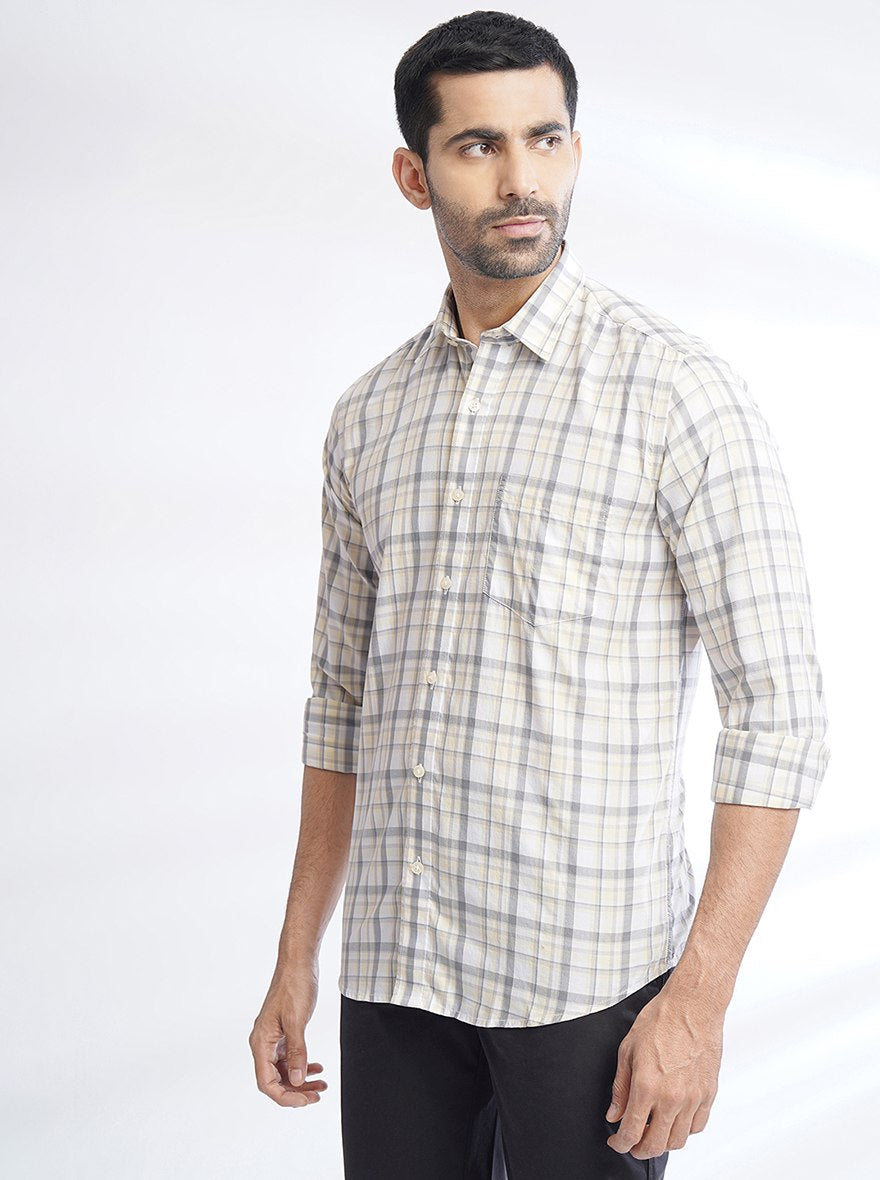 Light Yellow Checked Slim Fit Semi Casual Shirt | Pehervi