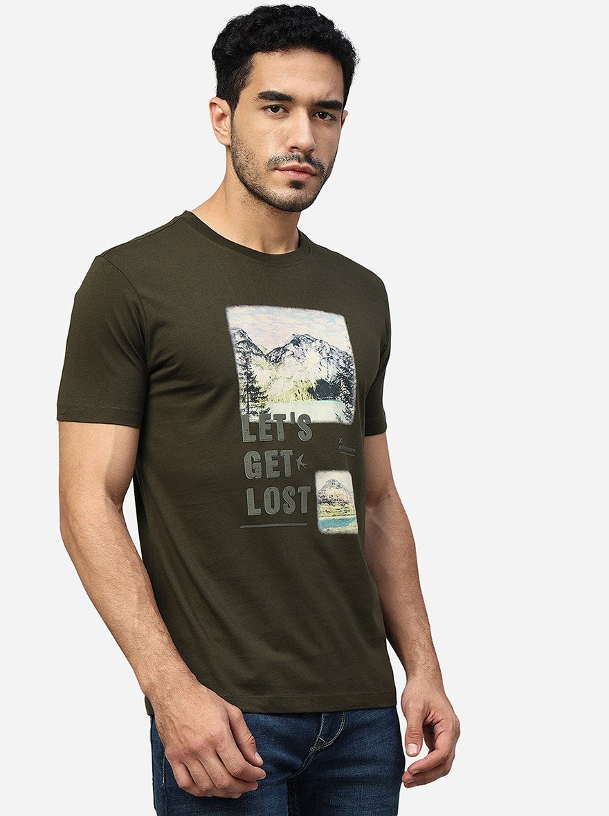 Olive Green Printed Slim Fit T-Shirt | pehervi