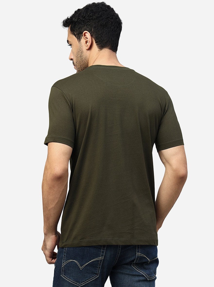 Olive Green Printed Slim Fit T-Shirt | pehervi