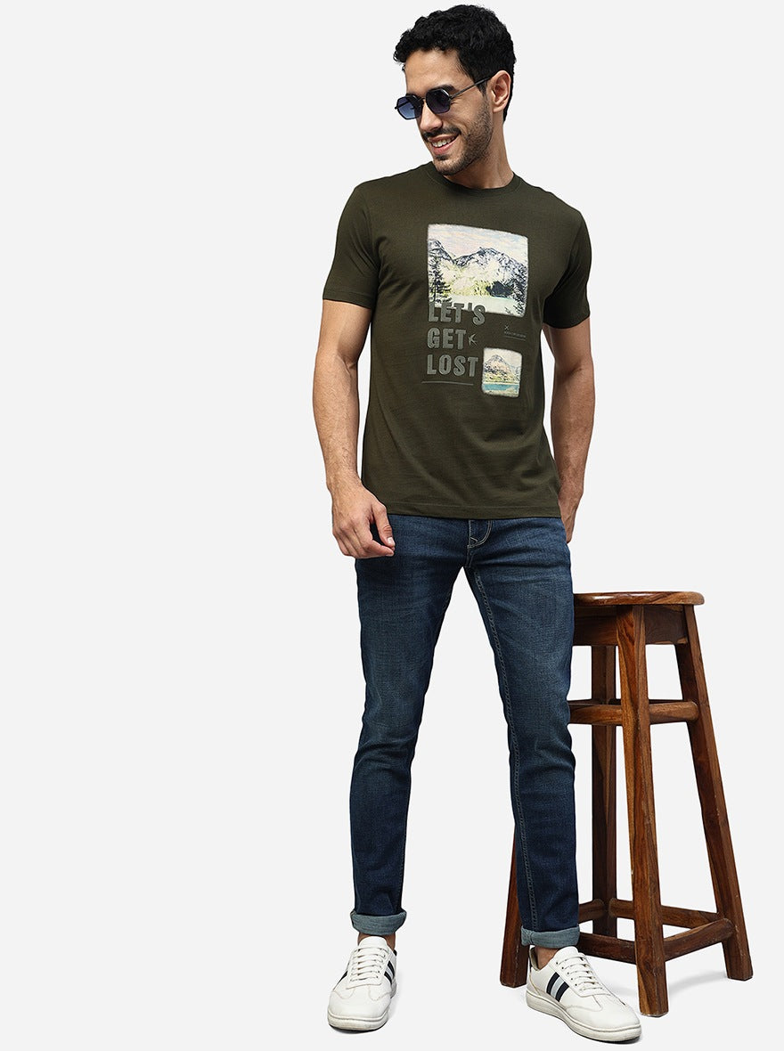Olive Green Printed Slim Fit T-Shirt | pehervi
