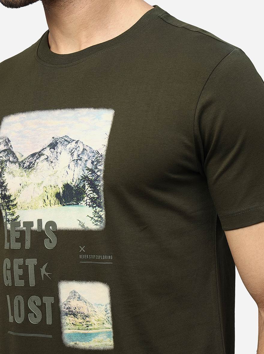 Olive Green Printed Slim Fit T-Shirt | pehervi