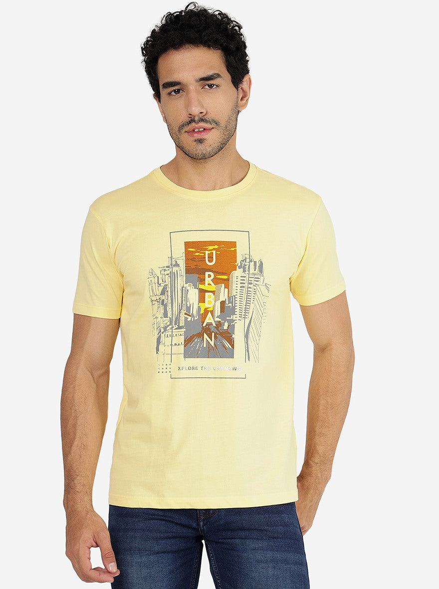 Light Yellow Printed Slim Fit T-Shirt | pehervi