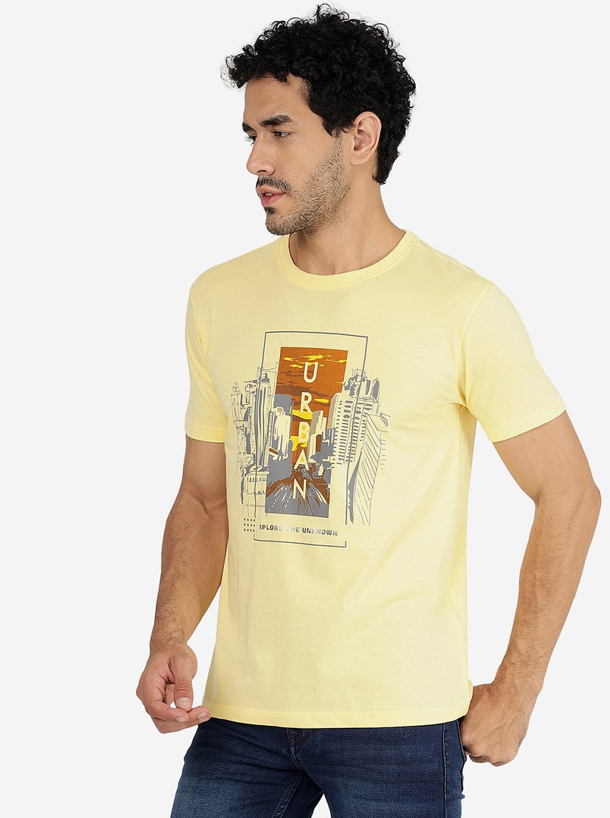 Light Yellow Printed Slim Fit T-Shirt | pehervi
