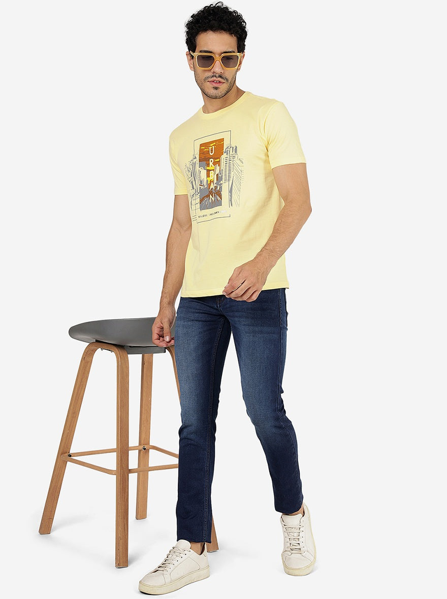 Light Yellow Printed Slim Fit T-Shirt | pehervi
