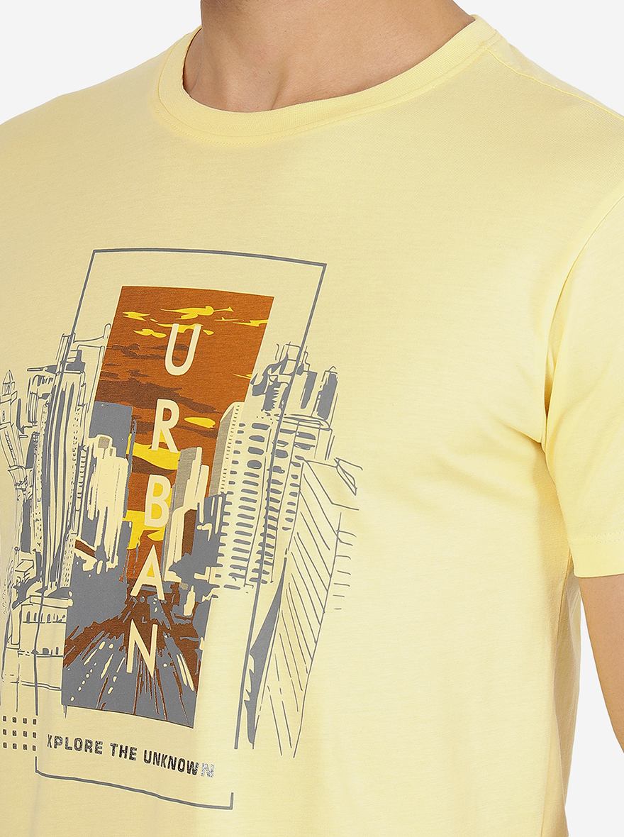 Light Yellow Printed Slim Fit T-Shirt | pehervi