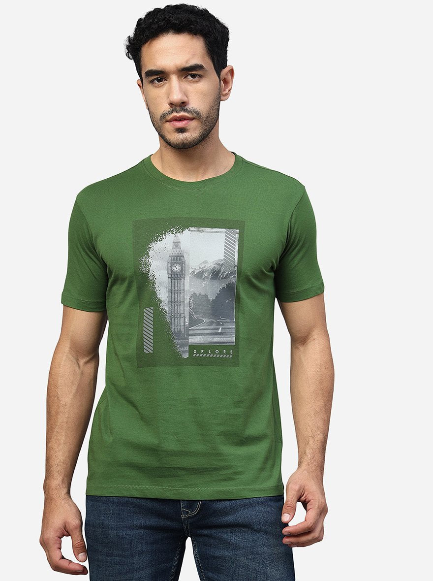 Green Printed Slim Fit T-Shirt | pehervi