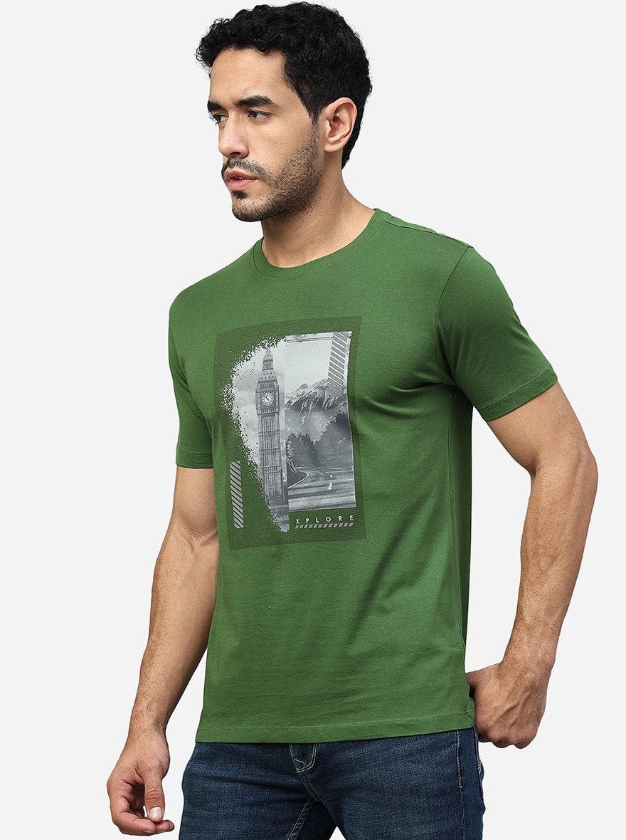 Green Printed Slim Fit T-Shirt | pehervi