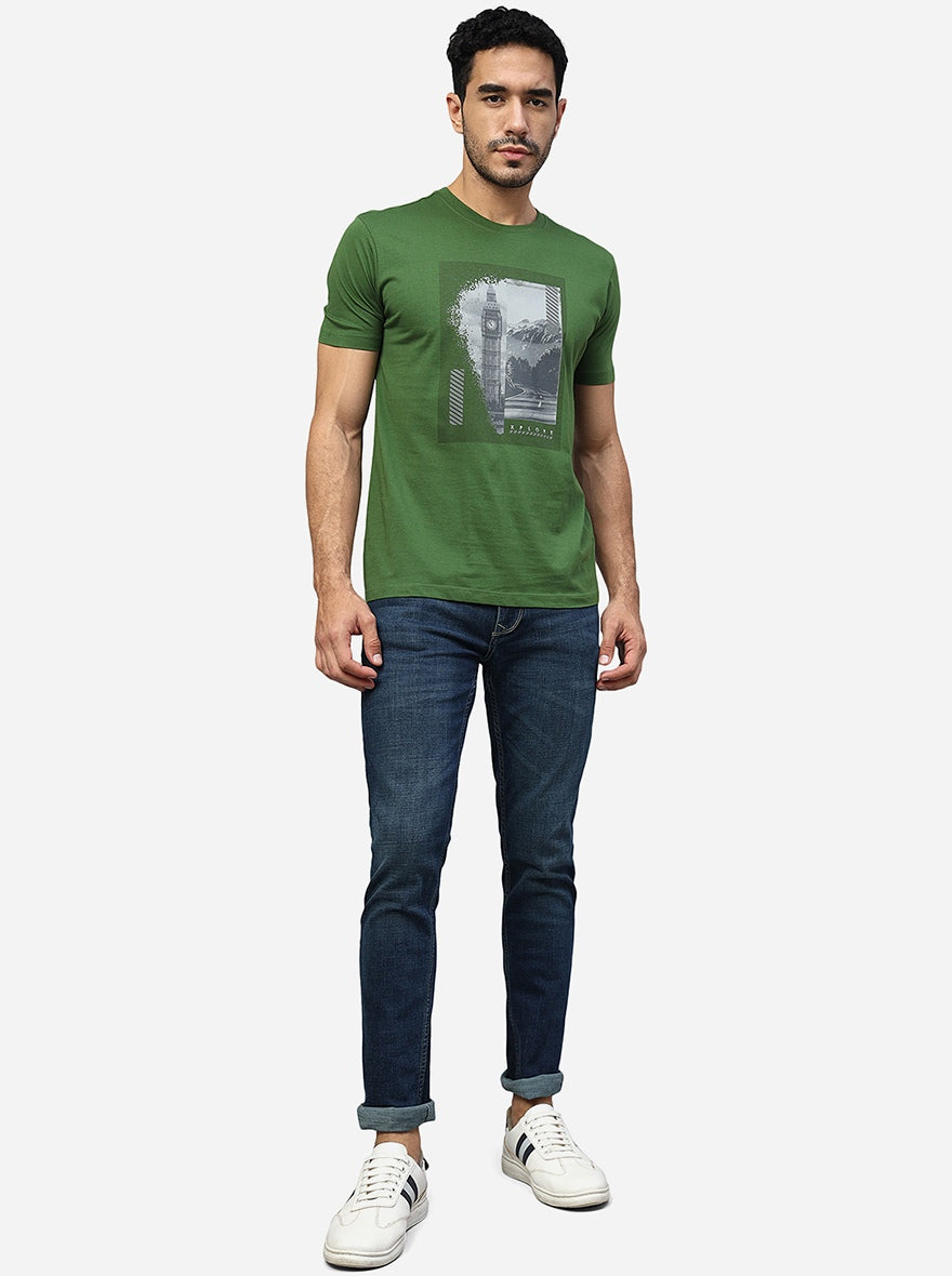 Green Printed Slim Fit T-Shirt | pehervi