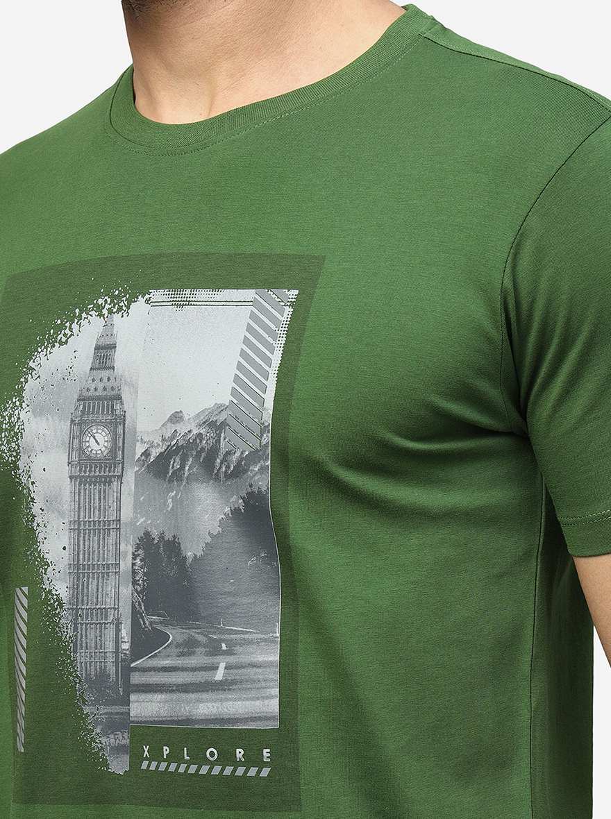 Green Printed Slim Fit T-Shirt | pehervi